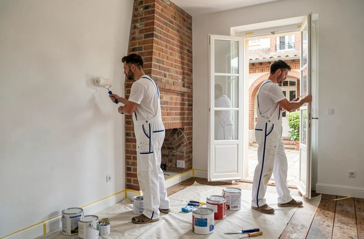 Deux peintres de 2PC Peinture rénovant l'intérieur d'une maison de ville à Toulouse
