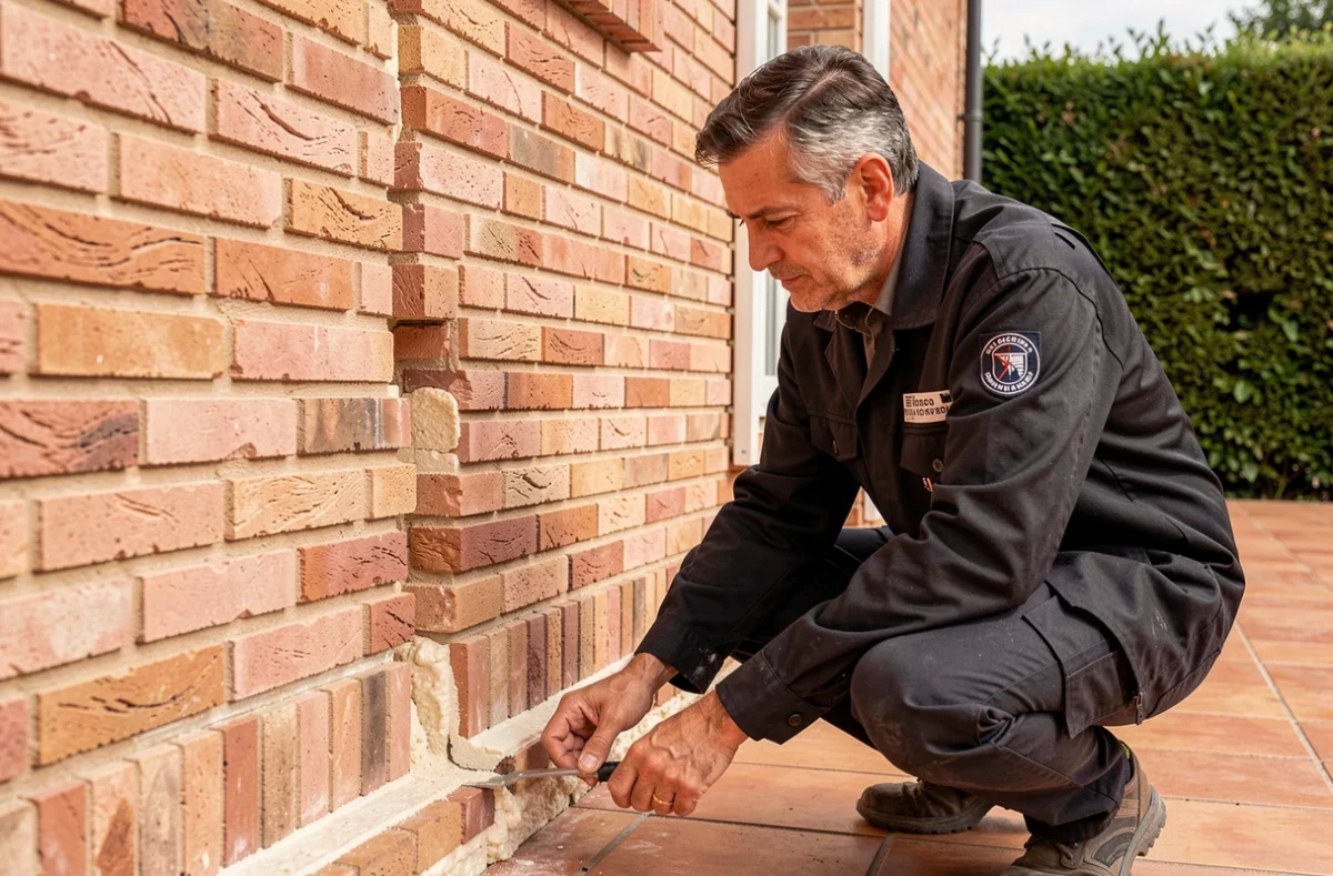 Spécialiste ABISOL 31 inspectant les finitions d'isolation sur une maison en brique toulousaine