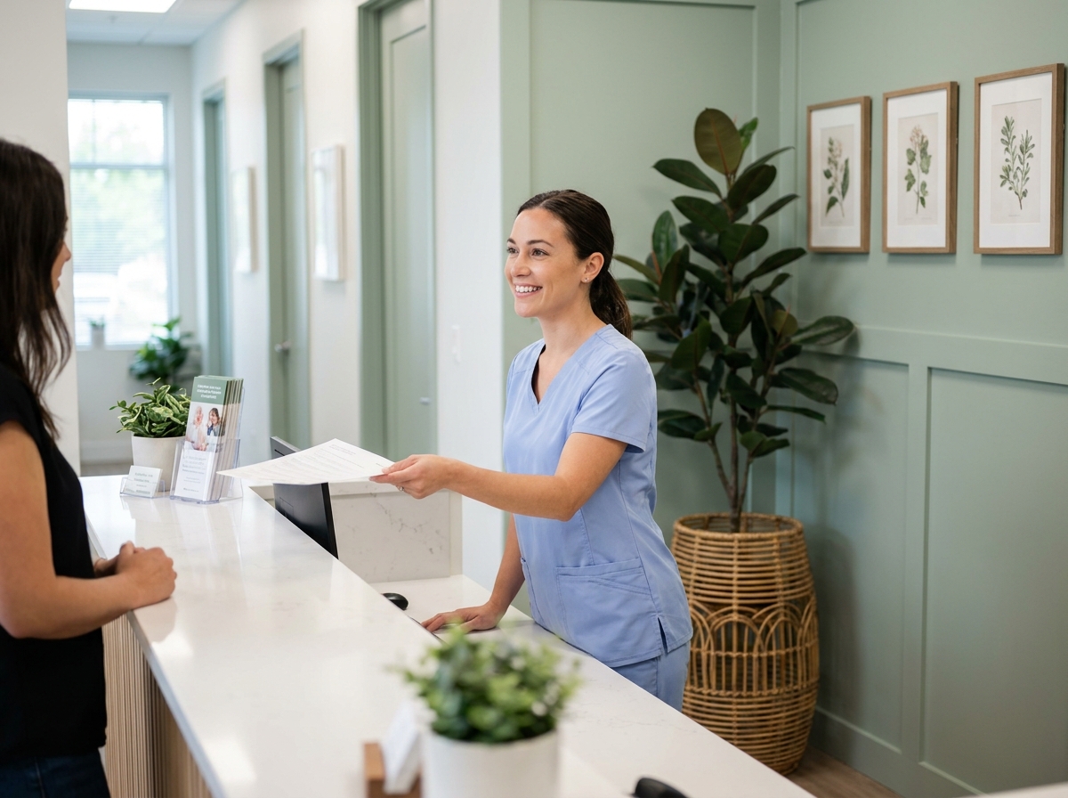 Accueil de cabinet médical fonctionnel et rassurant avec comptoir en quartz blanc, personnel soignant et décoration végétale apaisante