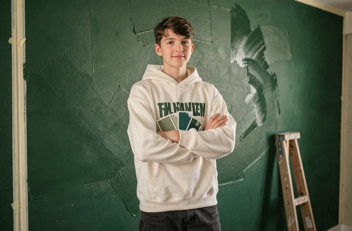 Adolescent tenant des nuanciers de couleur verte devant un mur de chambre fraîchement peint en vert forêt tendance