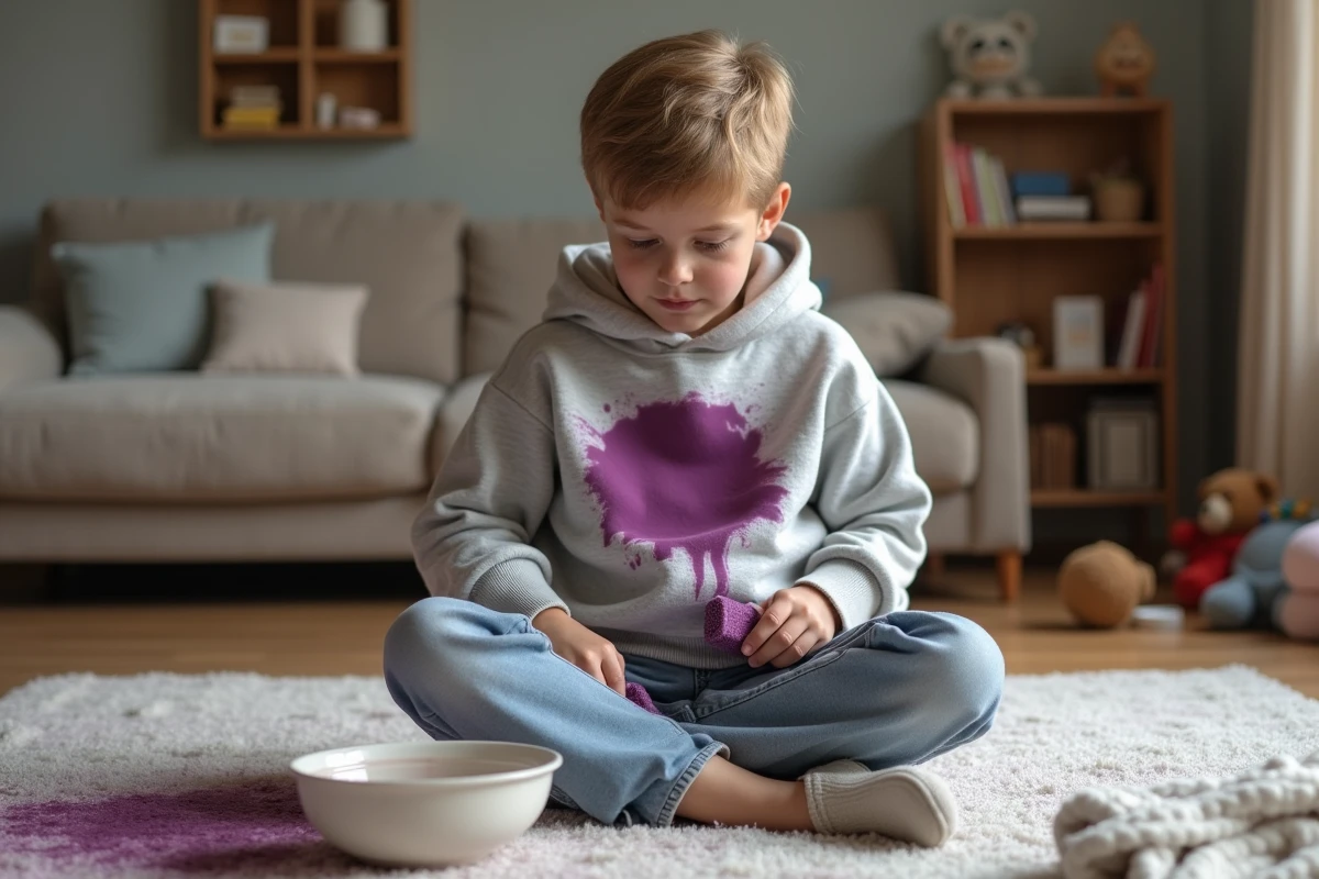 Adolescent nettoyant une tache sur un vêtement gris dans le salon