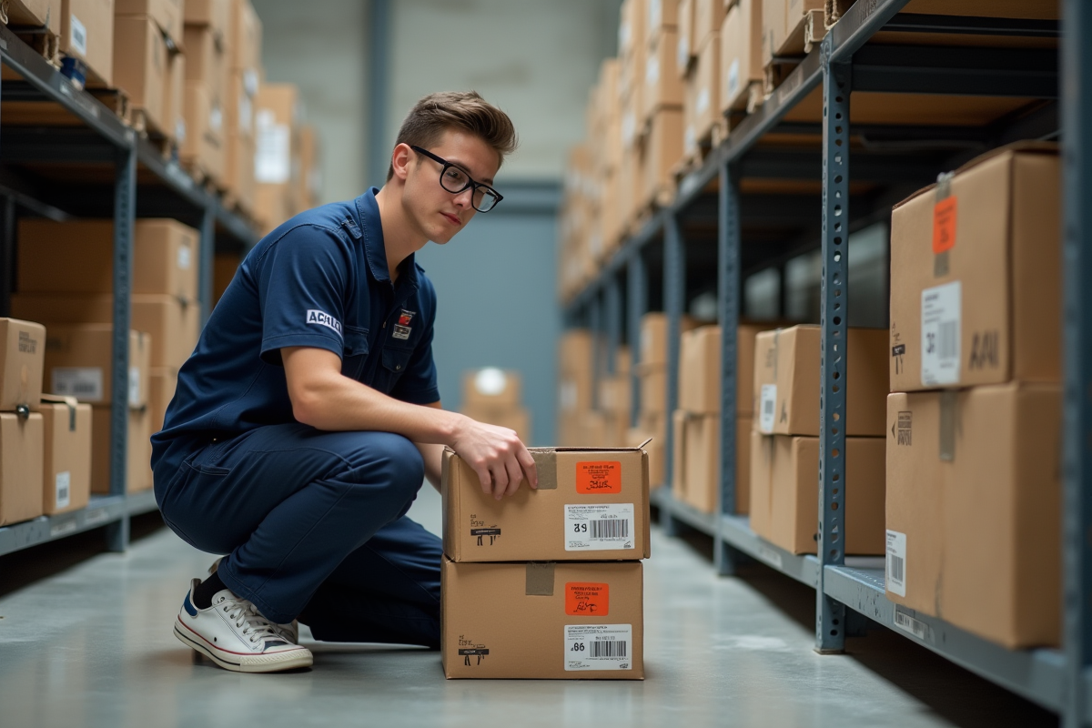 Jeune homme en uniforme triant des cartons La Poste