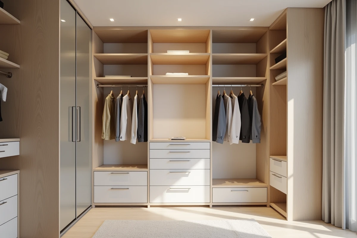 Dressing 2 personnes compact avec double zone de rangement, miroir coulissant et îlot central