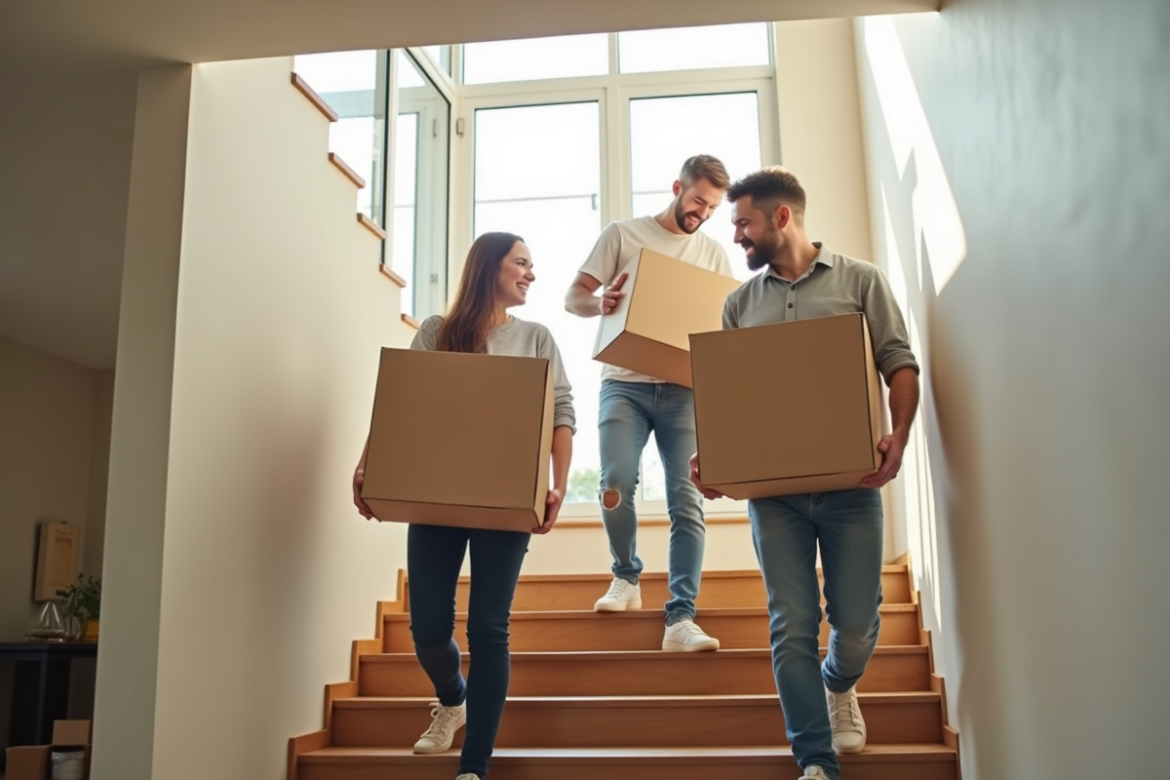 Groupe d'amis portant des cartons de déménagement dans un appartement lumineux
