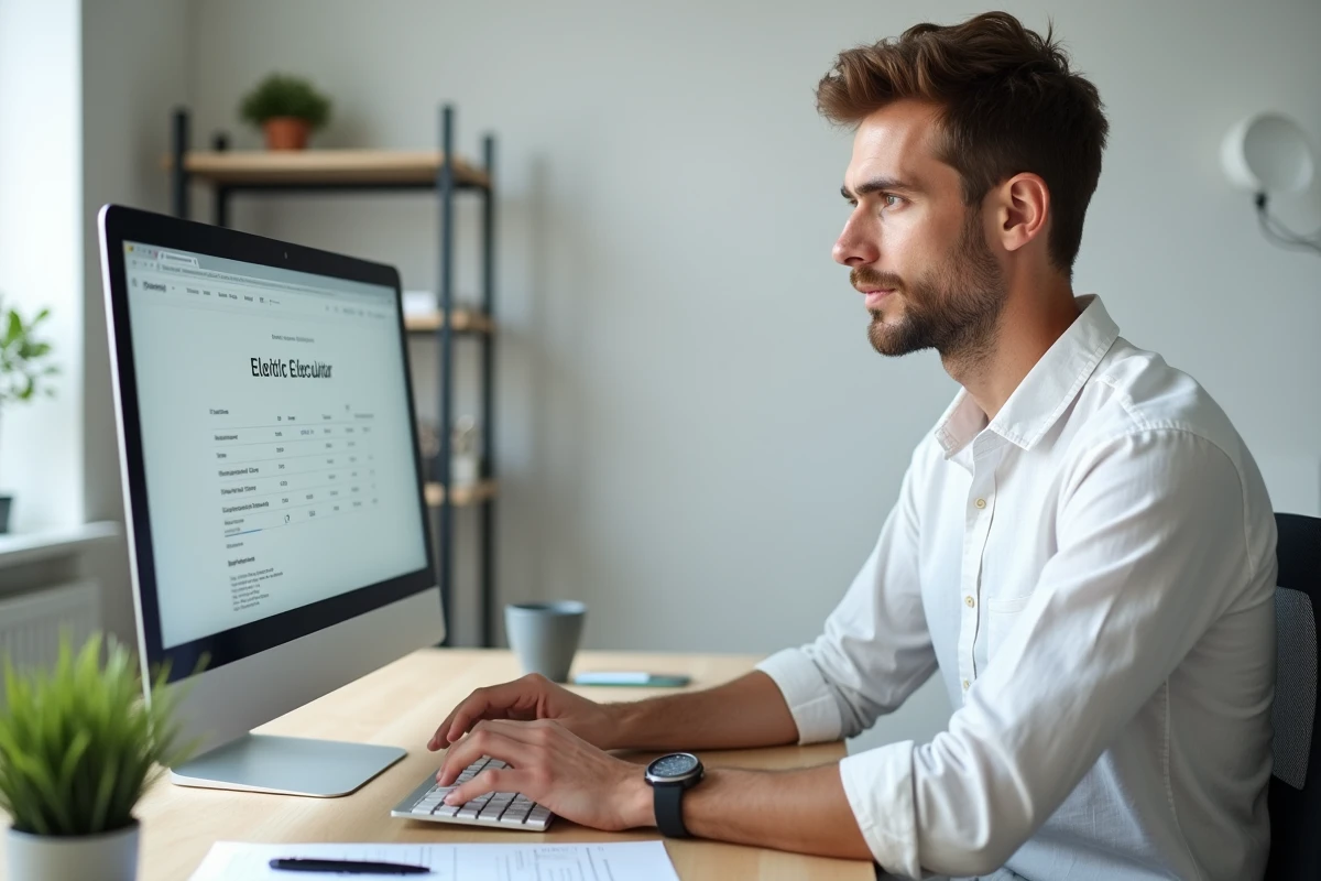 Homme analysant une facture d'électricité et un calculateur en ligne de consommation en euros dans un bureau à domicile