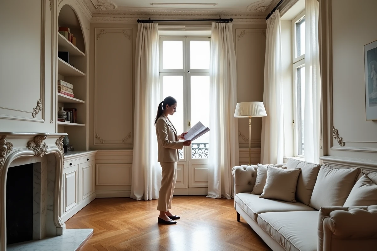 Femme professionnelle dans un appartement de standing haussmannien parisien avec parquet en chevrons, moulures et cheminée en marbre