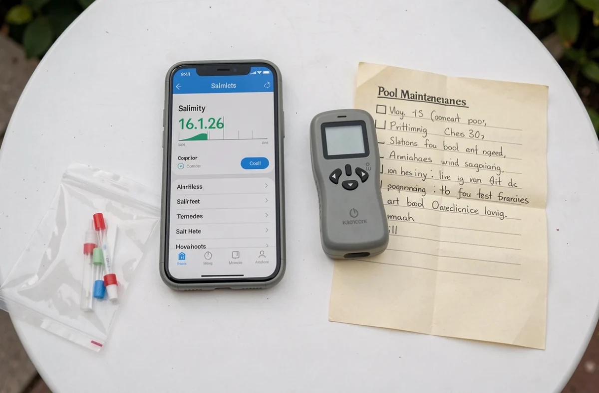 Application mobile et testeur numérique de sel posés sur une table pour analyser l'eau d'une piscine