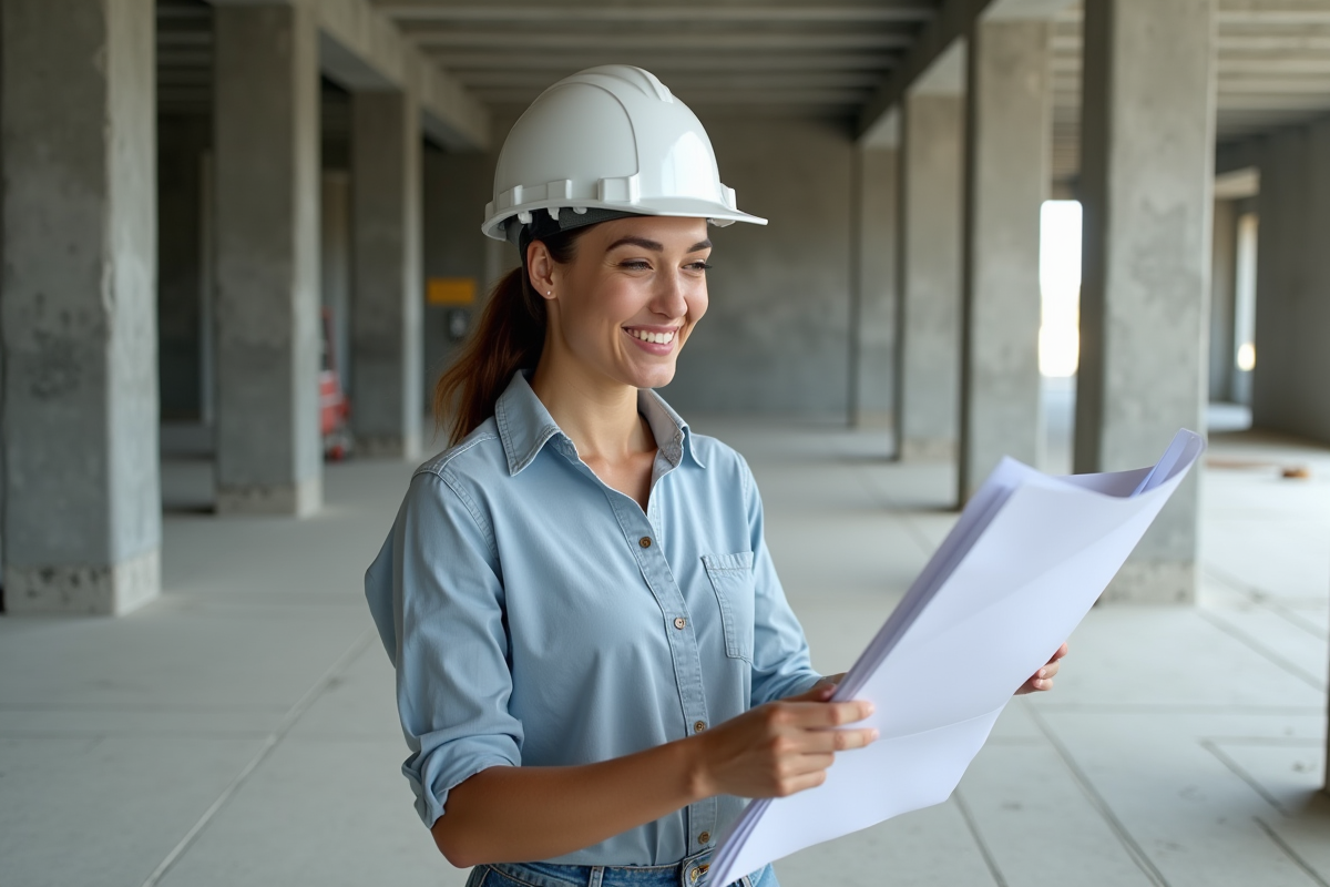 Jeune architecte vérifiant une dalle de béton neuve