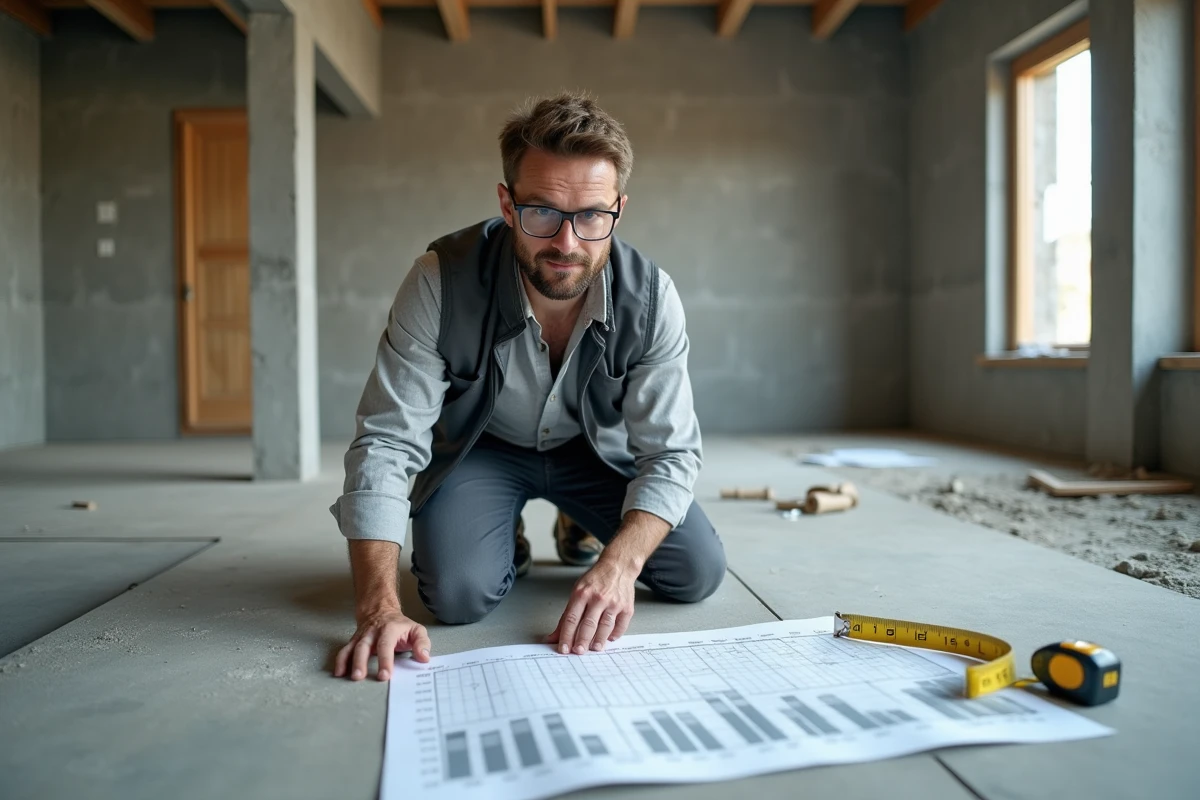 Architecte consultant une grille de prix pour un plancher poutrelles hourdis sur un chantier intérieur