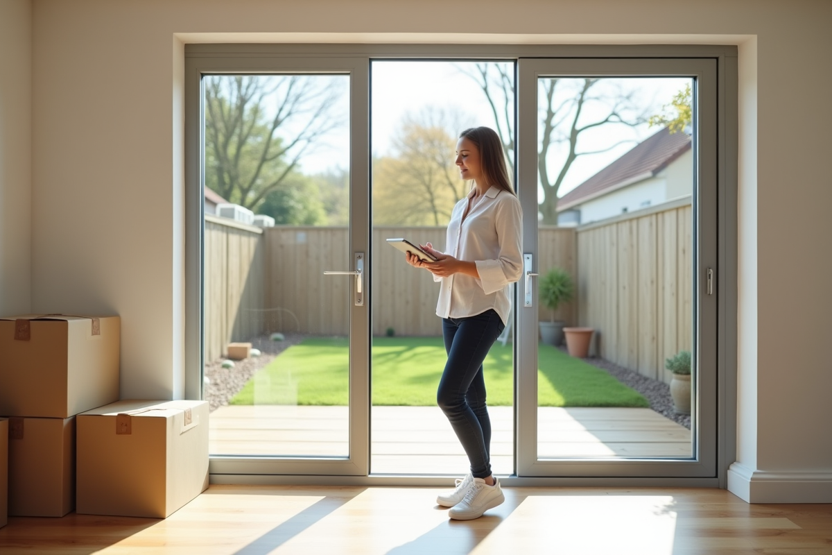 Architecte femme dans une nouvelle extension de maison avec vue extérieure