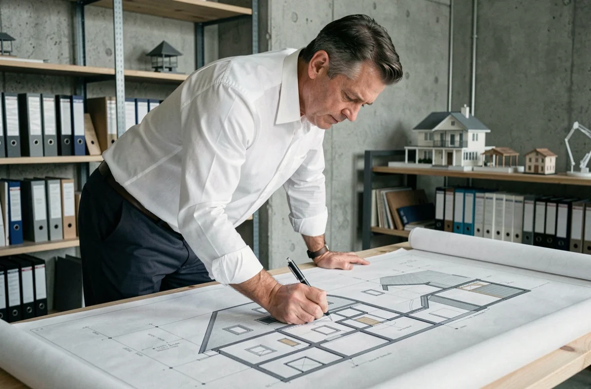 Architecte travaillant sur un plan en coupe de maison posé sur une table à dessin dans un studio professionnel