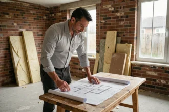 Architecte consultant des plans de rénovation énergétique dans une maison en cours de travaux avec fenêtres à double vitrage