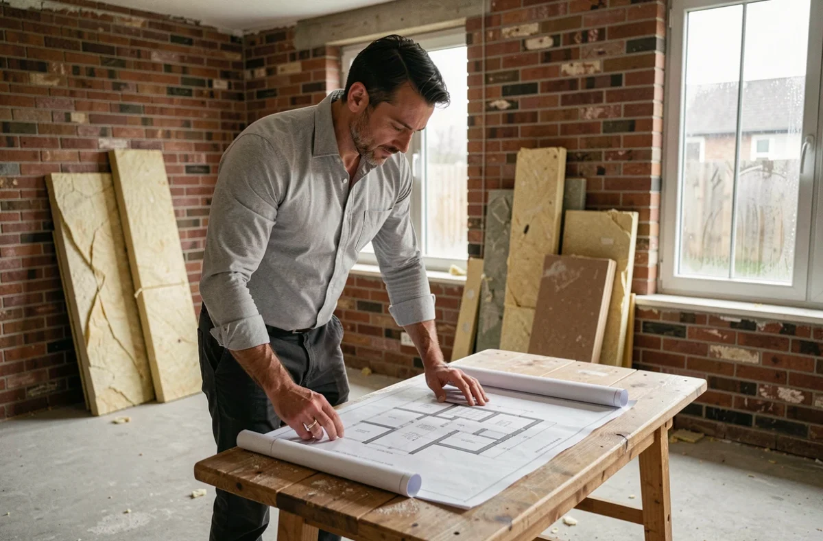 Architecte consultant des plans de rénovation énergétique dans une maison en cours de travaux avec fenêtres à double vitrage