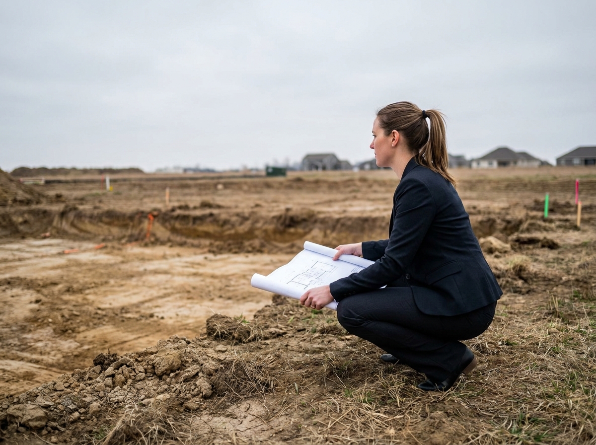 Architecte féminine analysant un plan architectural sur un terrain à bâtir semi-rural avant la construction