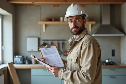 Artisan du bâtiment examinant un devis de travaux dans une cuisine en cours de rénovation