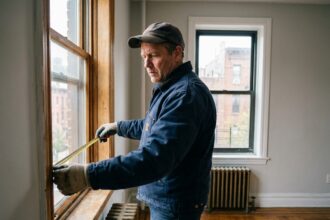 Artisan mesurant un châssis de fenêtre dans un appartement en copropriété avant remplacement