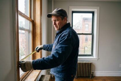 Artisan mesurant un châssis de fenêtre dans un appartement en copropriété avant remplacement
