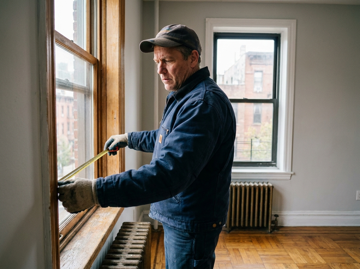 Artisan mesurant un châssis de fenêtre dans un appartement en copropriété avant remplacement