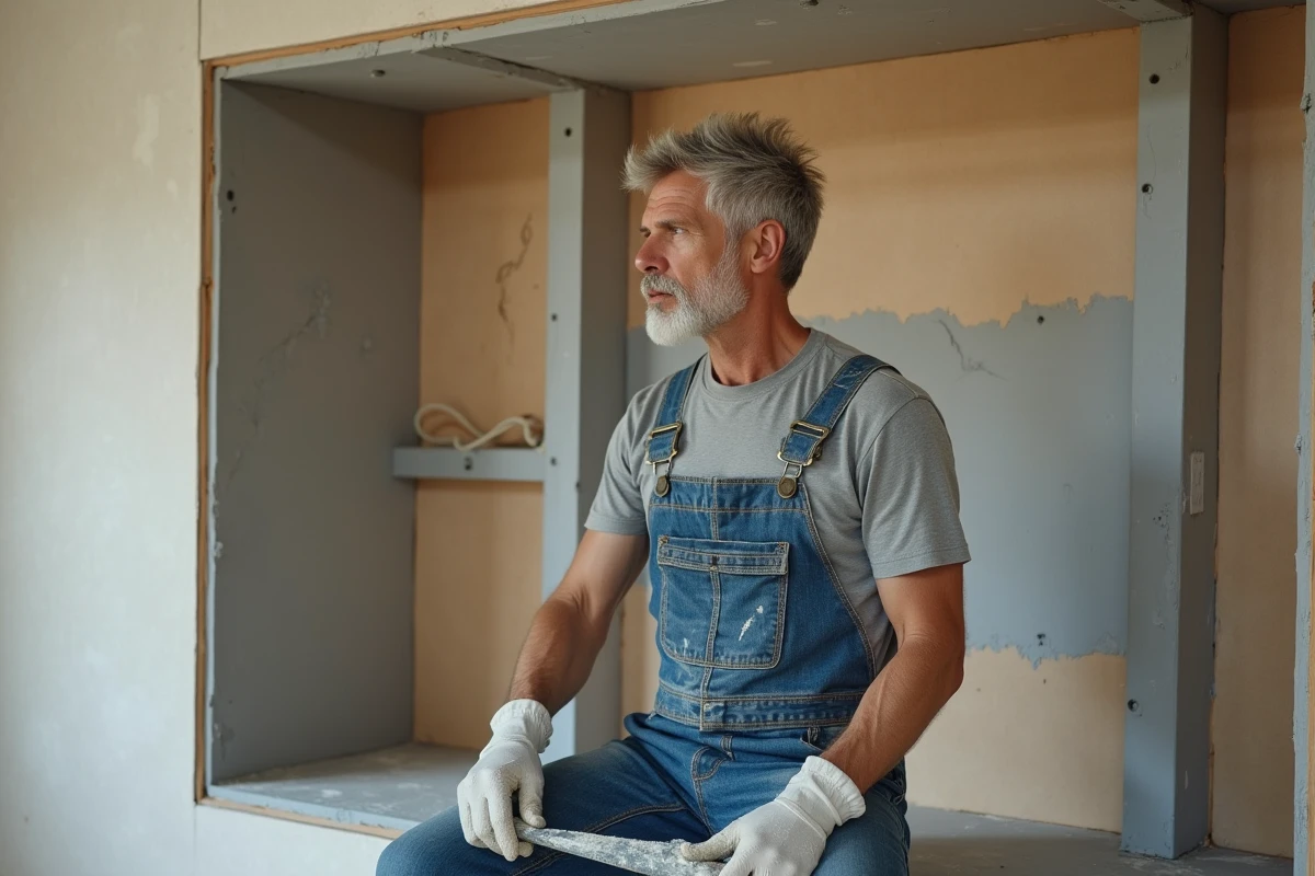 Artisan plaquiste en train de réaliser un meuble TV en placo plâtre avec enduit de finition dans un salon en rénovation