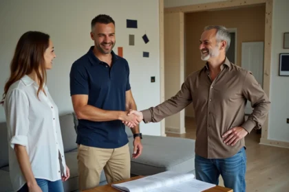 Artisan professionnel serrant la main d'un couple de propriétaires dans un intérieur en cours de rénovation, illustrant une relation de confiance pour des travaux sans arnaque