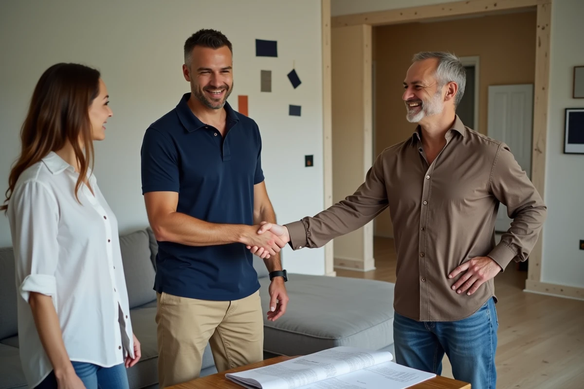 Artisan professionnel serrant la main d'un couple de propriétaires dans un intérieur en cours de rénovation, illustrant une relation de confiance pour des travaux sans arnaque