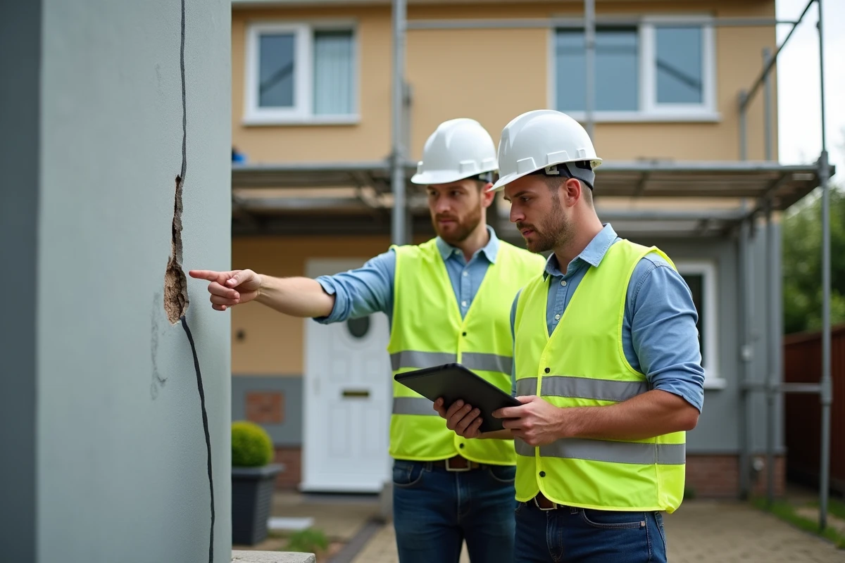Deux artisans évaluant des travaux de rénovation de façade avec un devis numérique sur tablette
