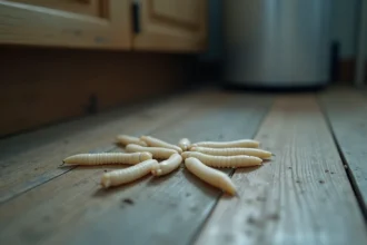Gros plan réaliste d'asticots sur un plancher de cuisine en bois près d'une poubelle domestique