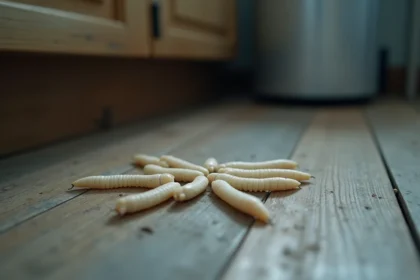 Gros plan réaliste d'asticots sur un plancher de cuisine en bois près d'une poubelle domestique