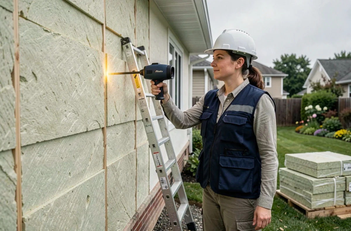 Auditrice énergétique inspectant l'isolation extérieure d'une maison pavillonnaire avec caméra thermique