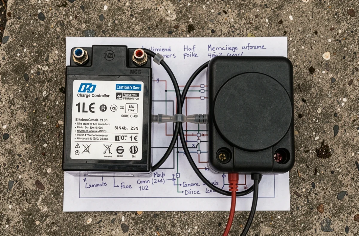 Vue de dessus d'une batterie 12V lithium et d'un régulateur de charge solaire avec câbles et schéma de câblage