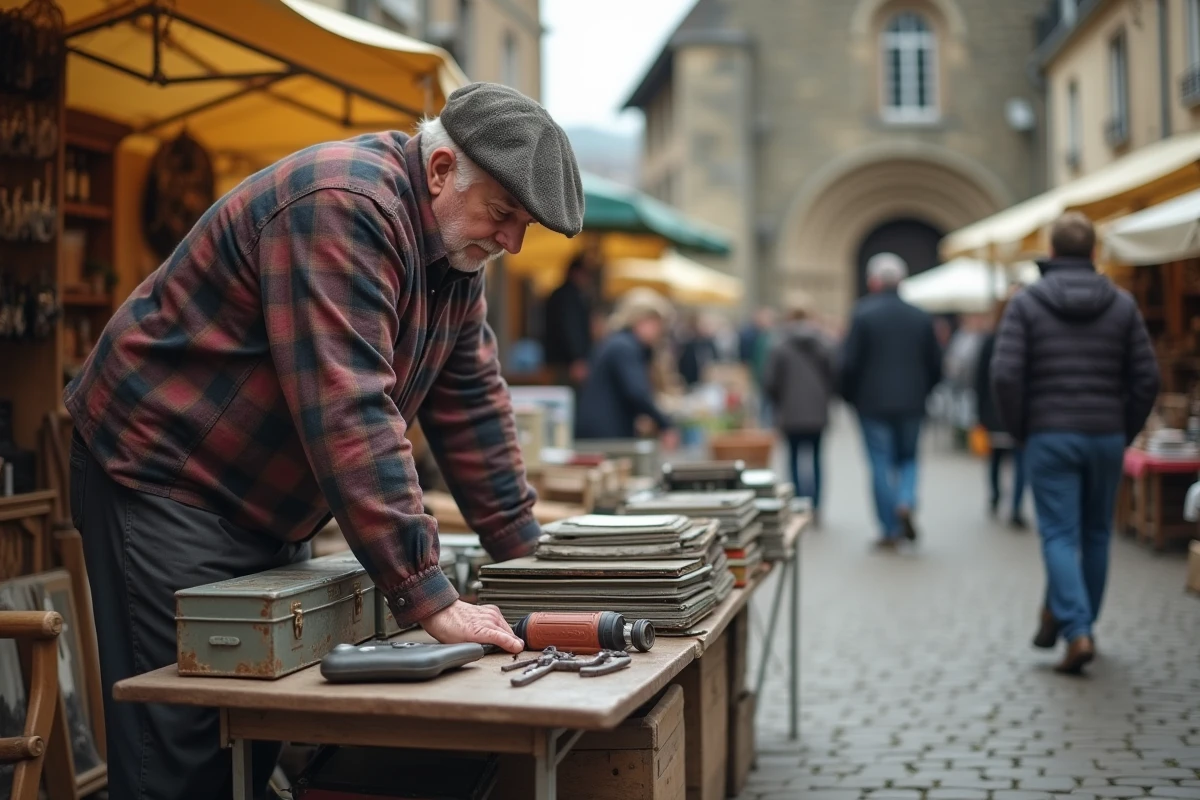 Vendeur de brocante dans un village de l'Ain en fin d'après-midi, outils anciens et vinyles sur une table de marché