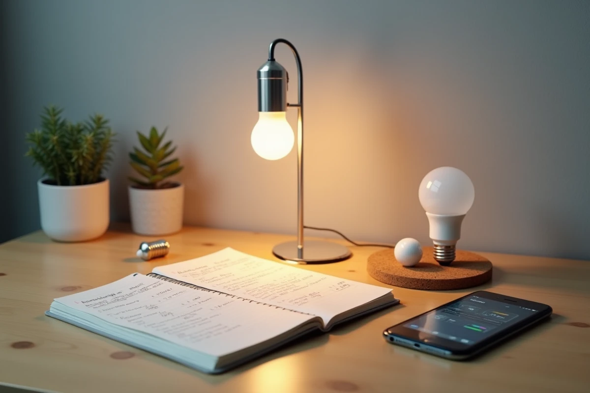 Bureau à domicile avec lampe à petite ampoule LED et calculs d'économies d'énergie pour 2026