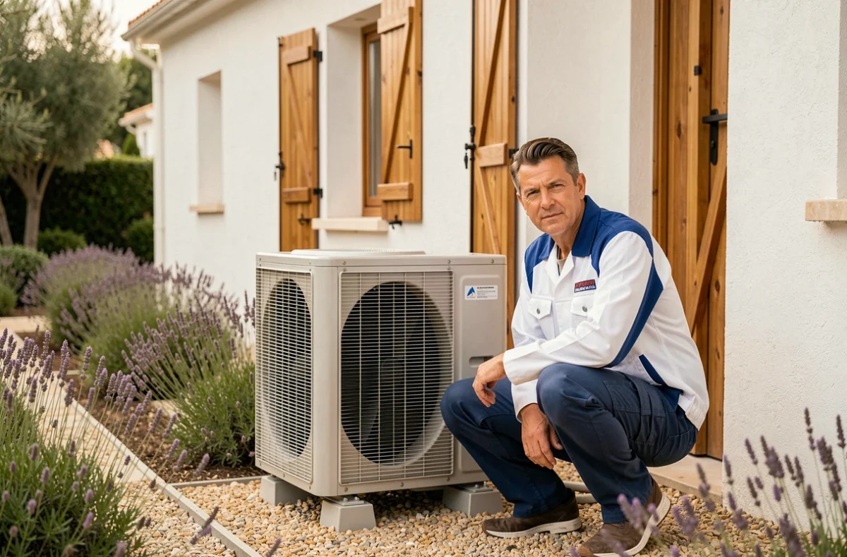 Technicien C2 Climea installant une unité extérieure de pompe à chaleur sur maison moderne