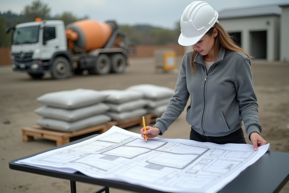 Cheffe de projet consultant les plans de calcul du volume de béton pour la dalle d'une piscine sur un chantier de construction
