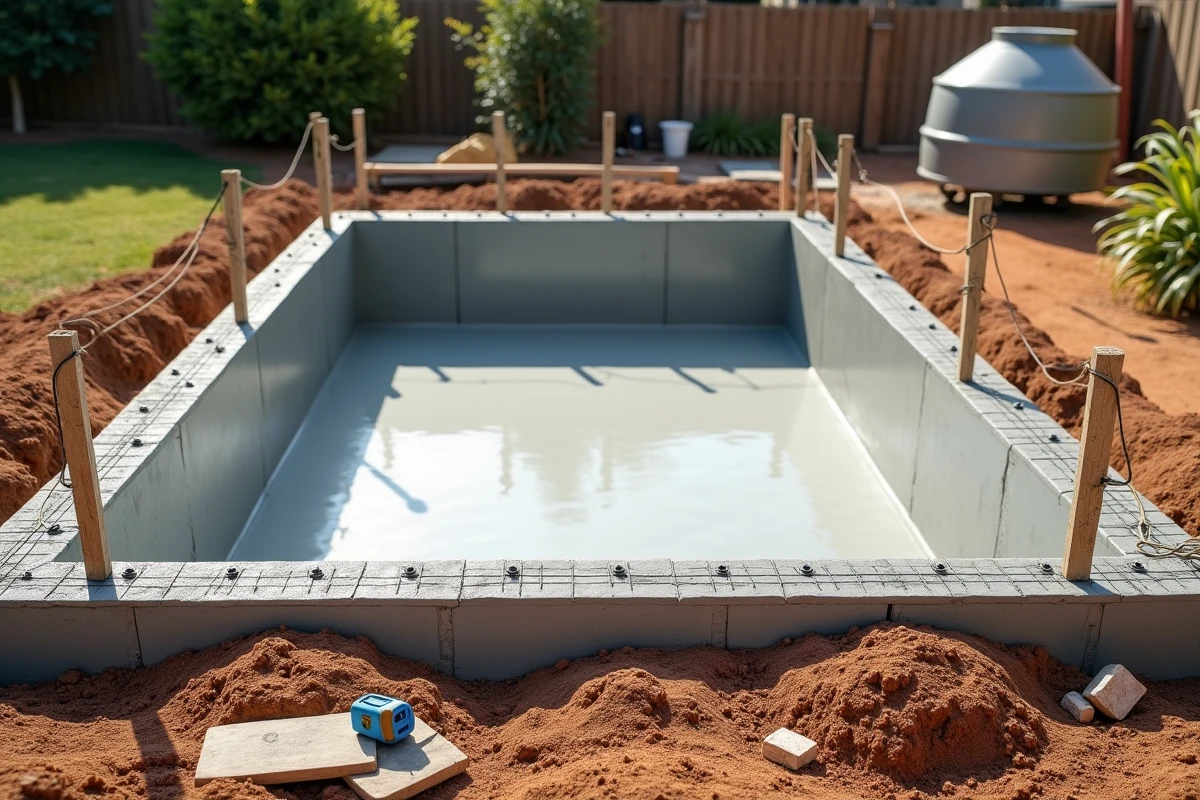 Vue grand angle d'une dalle béton rectangulaire en cours de coulage pour le fond d'une piscine résidentielle avec ferraillage et coffrages