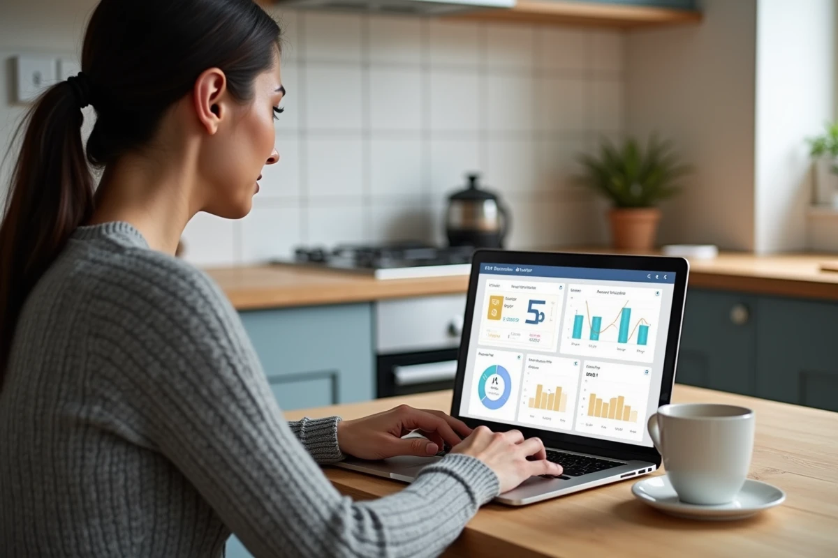 Femme consultant un calculateur de consommation électrique en euros sur un ordinateur portable dans une cuisine moderne