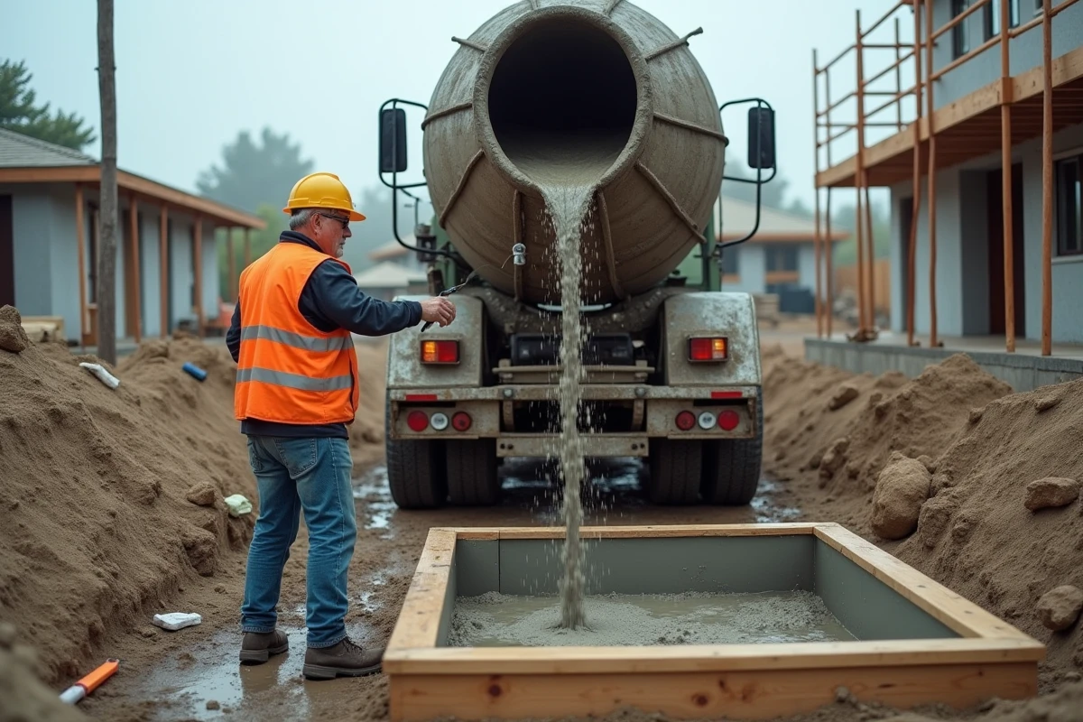 Camion toupie déversant du béton dans un coffrage sur un chantier résidentiel avec ouvrier mesurant les quantités