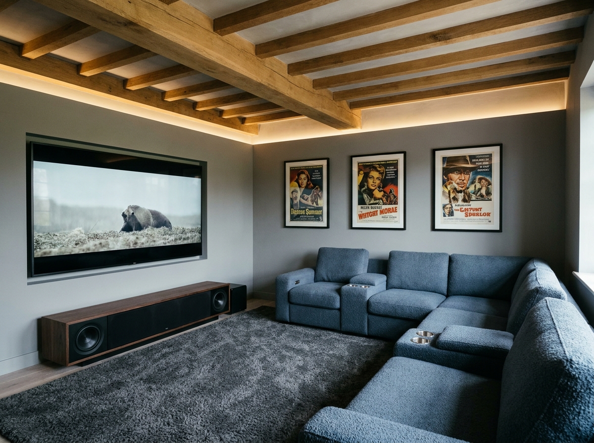 Canapé panoramique modulable bleu ardoise en U dans une salle de cinéma maison avec poutres en bois et affiches vintage