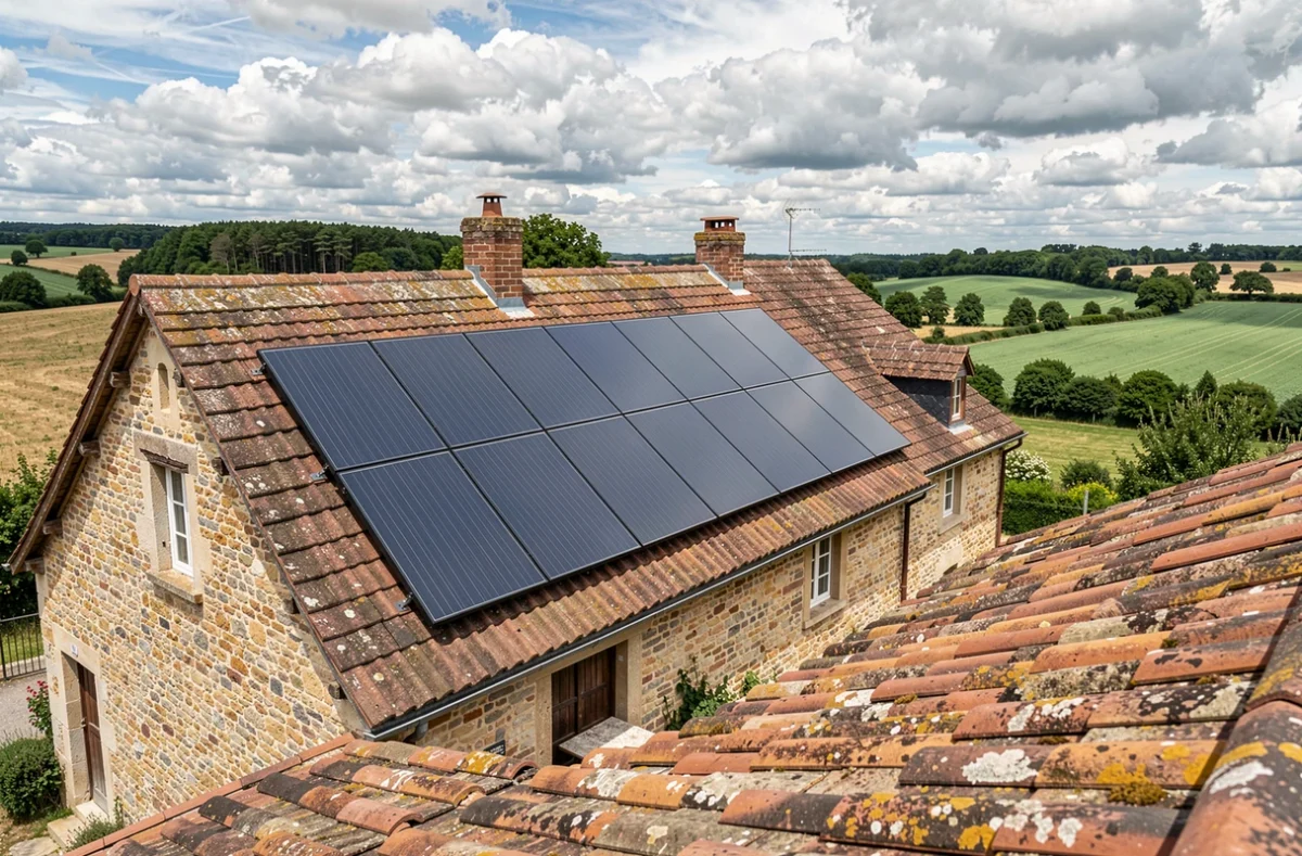 Capteurs solaires thermiques intégrés sur le toit en tuiles d'une ferme en pierre dans la campagne française avec paysage rural en arrière-plan