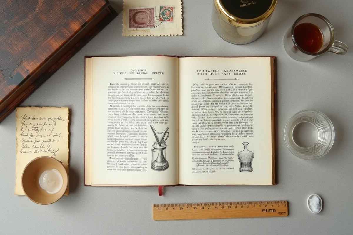 Catalogue Portieux des années 1930 ouvert à côté de deux salières en verre pour comparer l'original et la réédition, vue de dessus