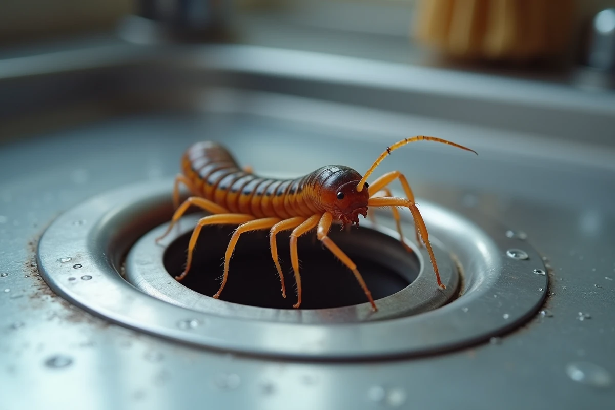 Centipède de maison près du siphon d'un évier de cuisine en inox, avec antennes déployées