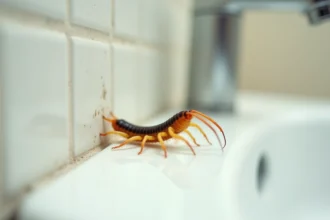Centipède de maison sur carrelage blanc de salle de bain, vue macro détaillée de ses pattes et segments corporels