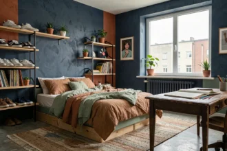 Chambre de garçon adolescent décorée avec une palette tendance 2026 en bleu ardoise, terracotta et vert sauge