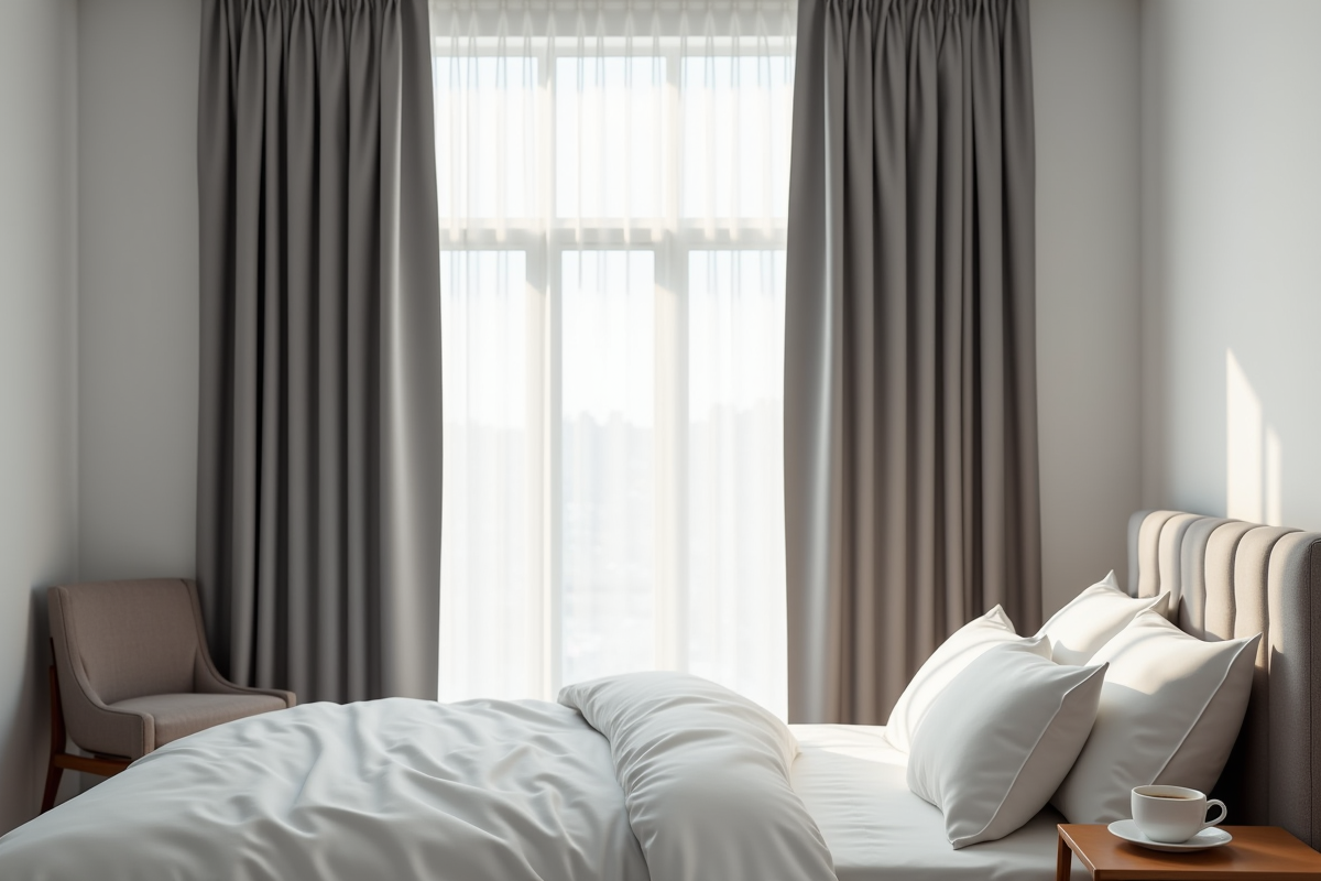 Chambre minimaliste avec rideau gris et lit blanc