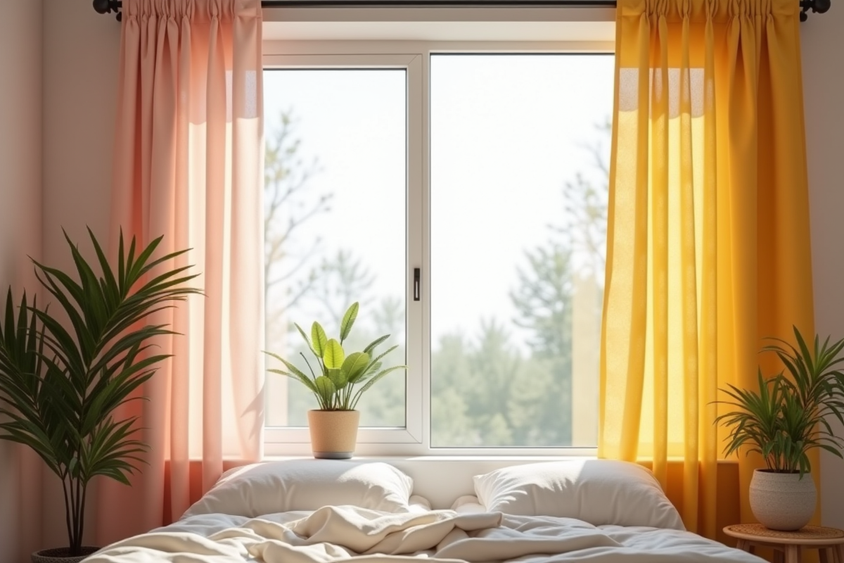 Chambre minimaliste avec rideaux colorés et plantes vertes