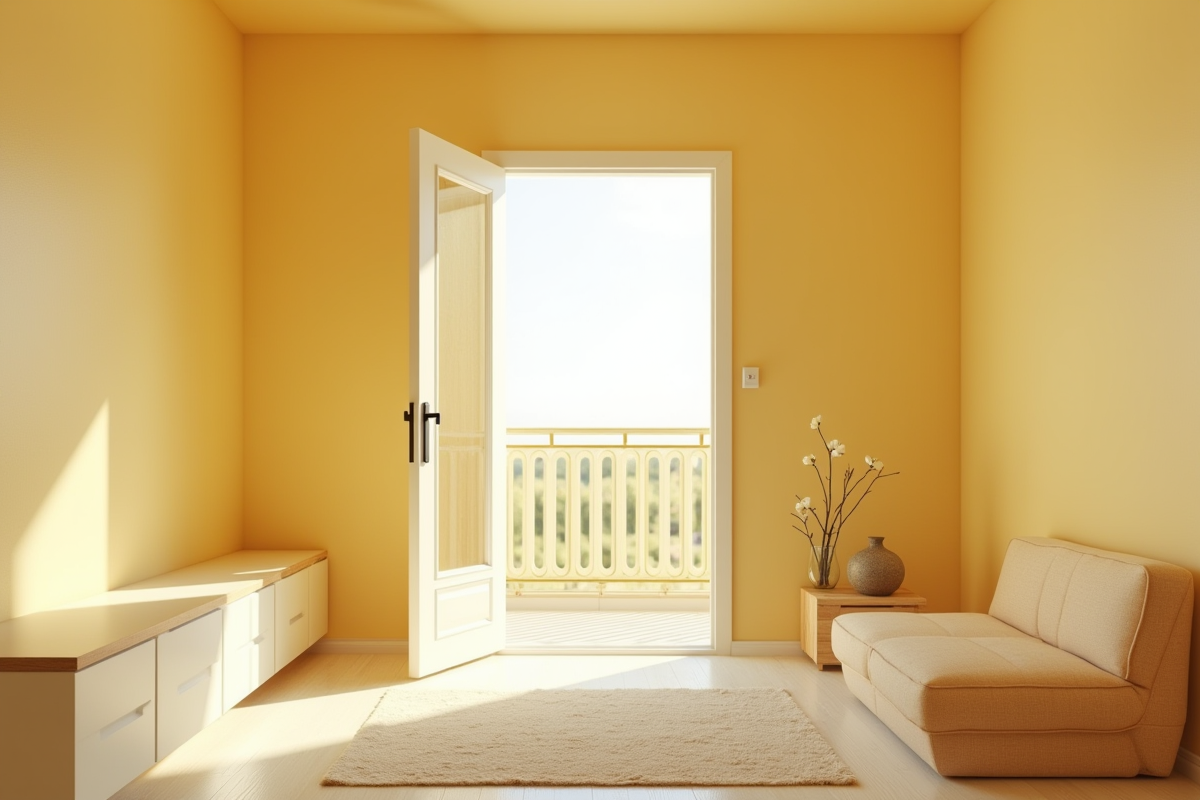 Chambre petite avec murs jaunes pastel et décoration lumineuse