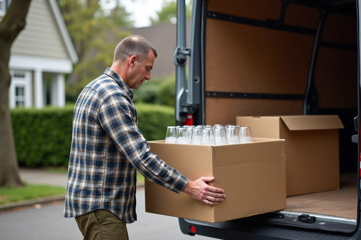 Homme chargeant un carton de verres dans une camionnette