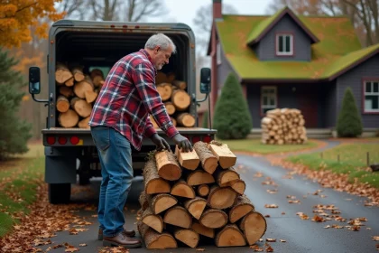 Homme moyen âge empile du bois près d un camion rural