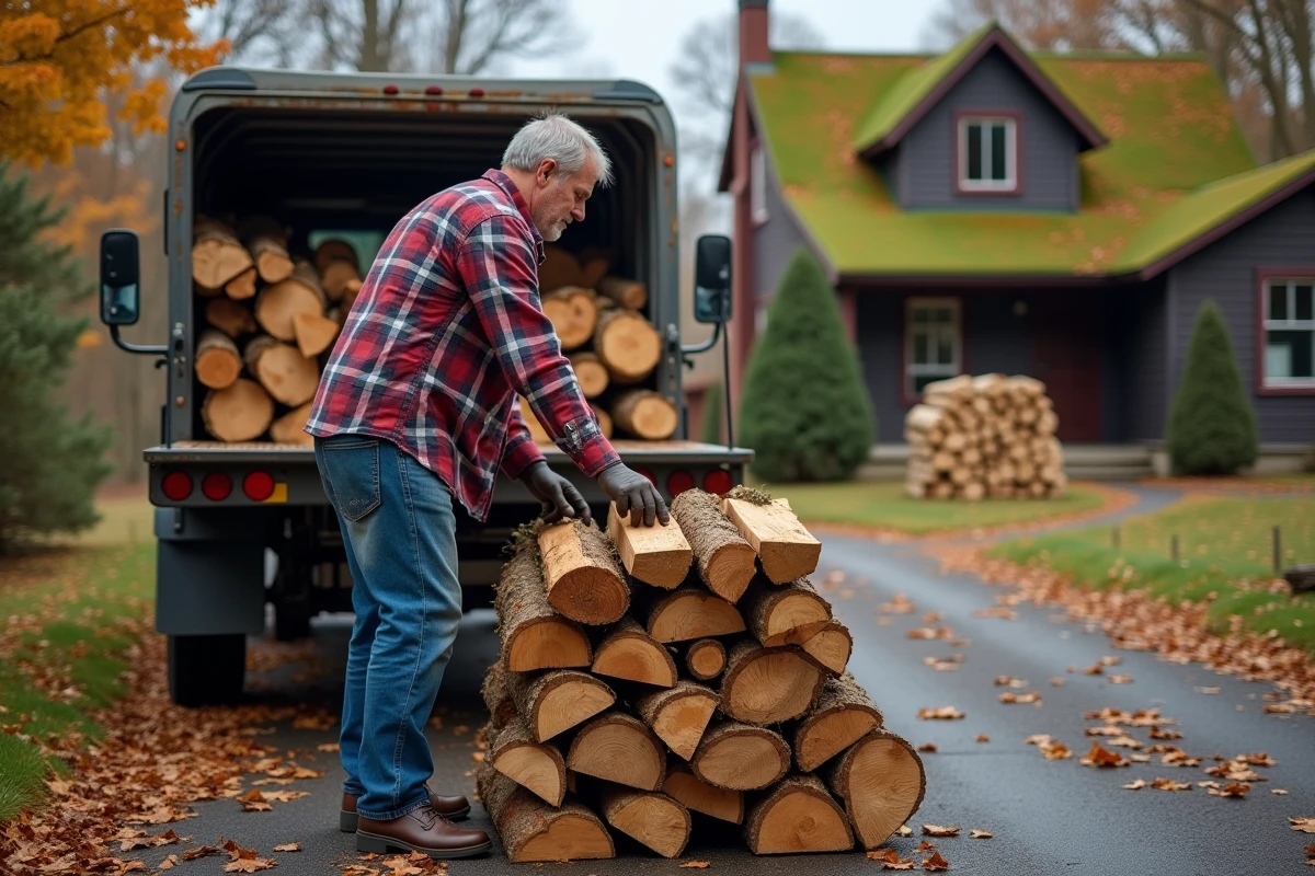 Homme moyen âge empile du bois près d un camion rural