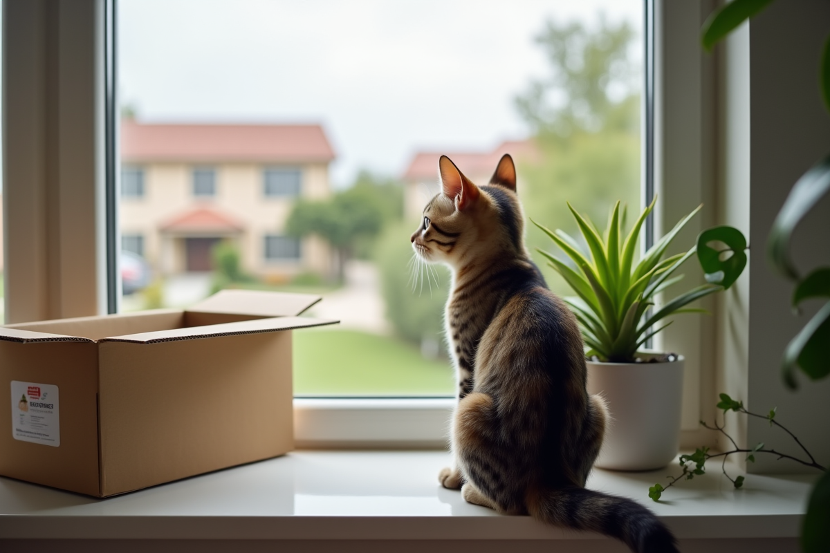 Chat tacheté regardant par la fenêtre dans une pièce lumineuse